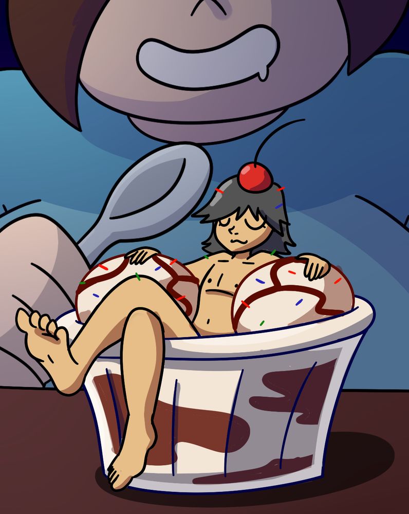 Zen sitting in a dish of ice cream. Val looms over him ominously 