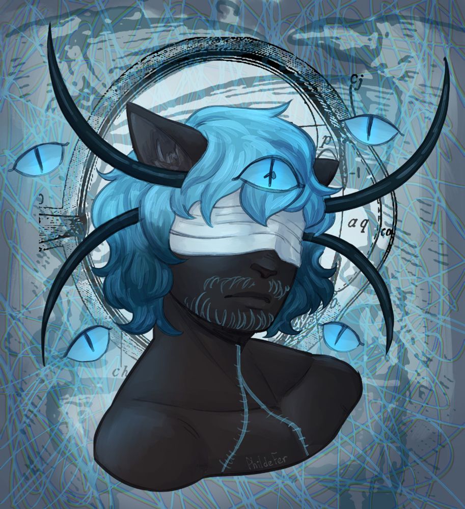 Digital portrait of a lion-man with dark skin and blue hair. His eyes are covered by a bandage and some sort of black horns come out from his head. There are blue eyes floating all around him.