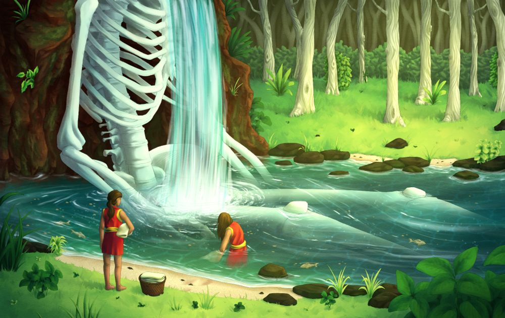 Illustration of a pond in a forest. Two people are washing clothes in it. There's a huge skeleton sitting in the water, a waterfall coming from the mouth off screen.