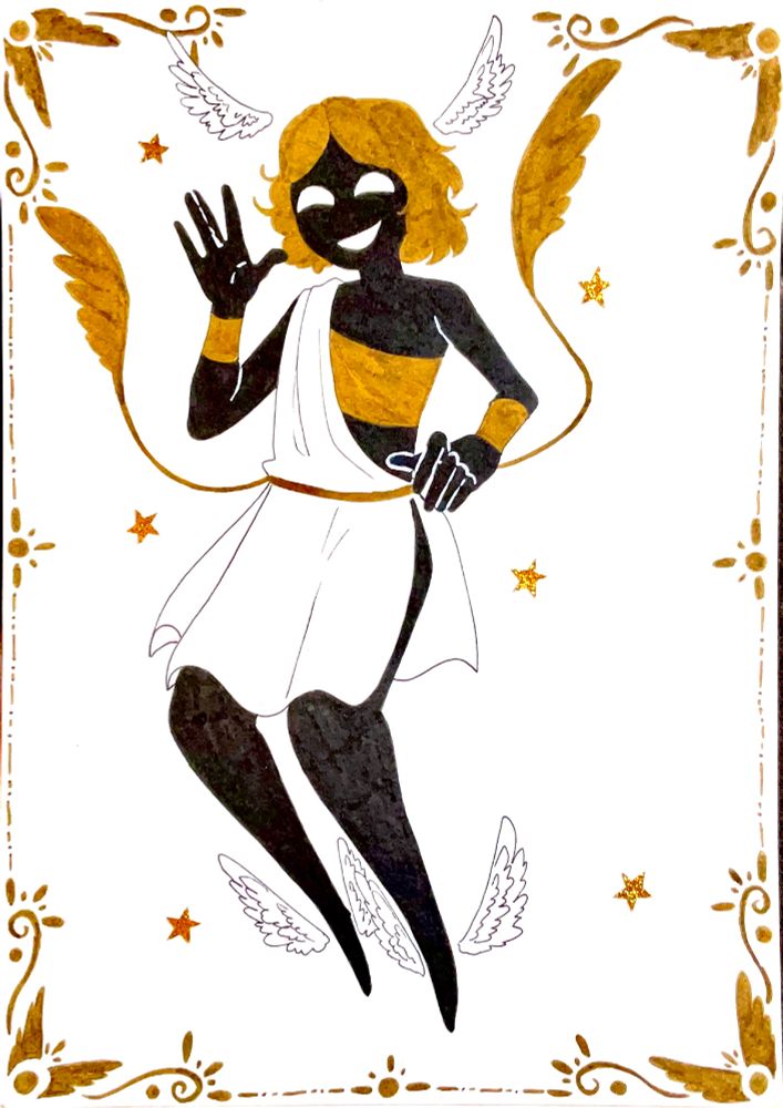 Traditional drawing of a fully black person wearing white toga. He has golden hair and little wings around his head and heels.