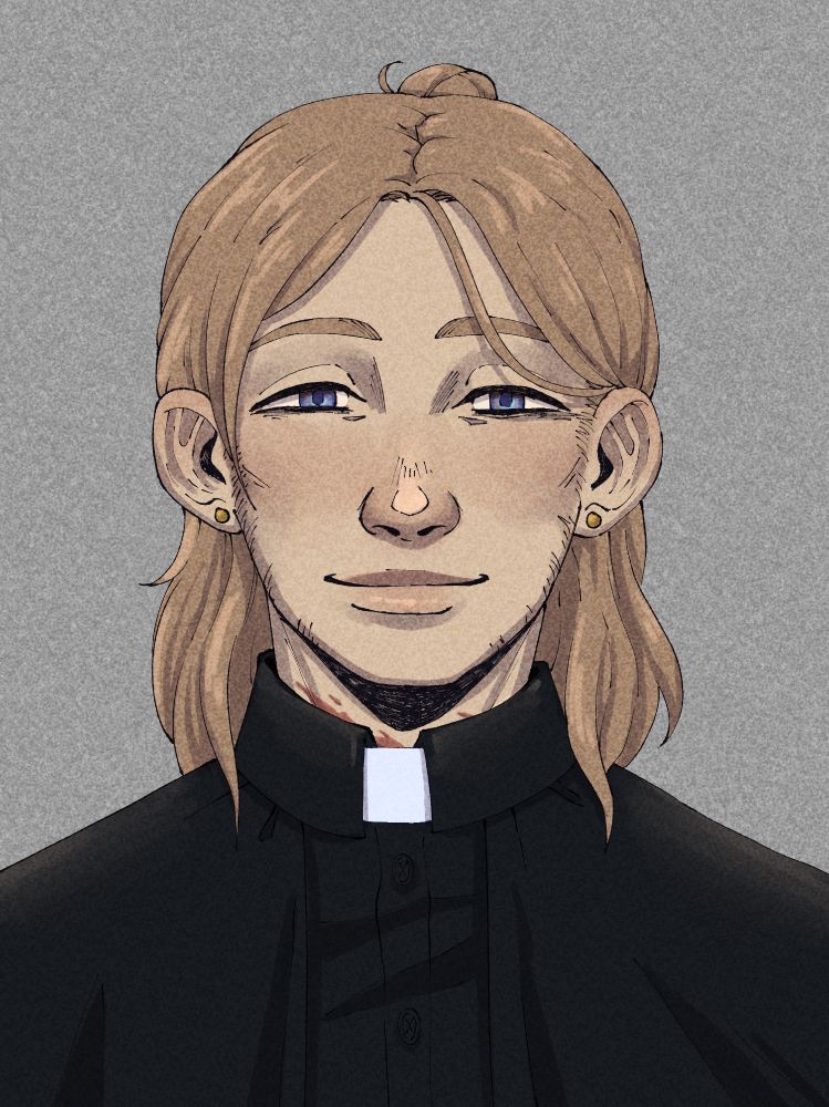 Portrait of Caelan, smiling in a slightly uncanny manner. ID Card style.