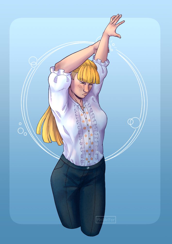 Drawing of a girl stretching her arm. She wears a white shirt with frills and black pants. She has long blonde hair tied and shaved on the sides of her head.