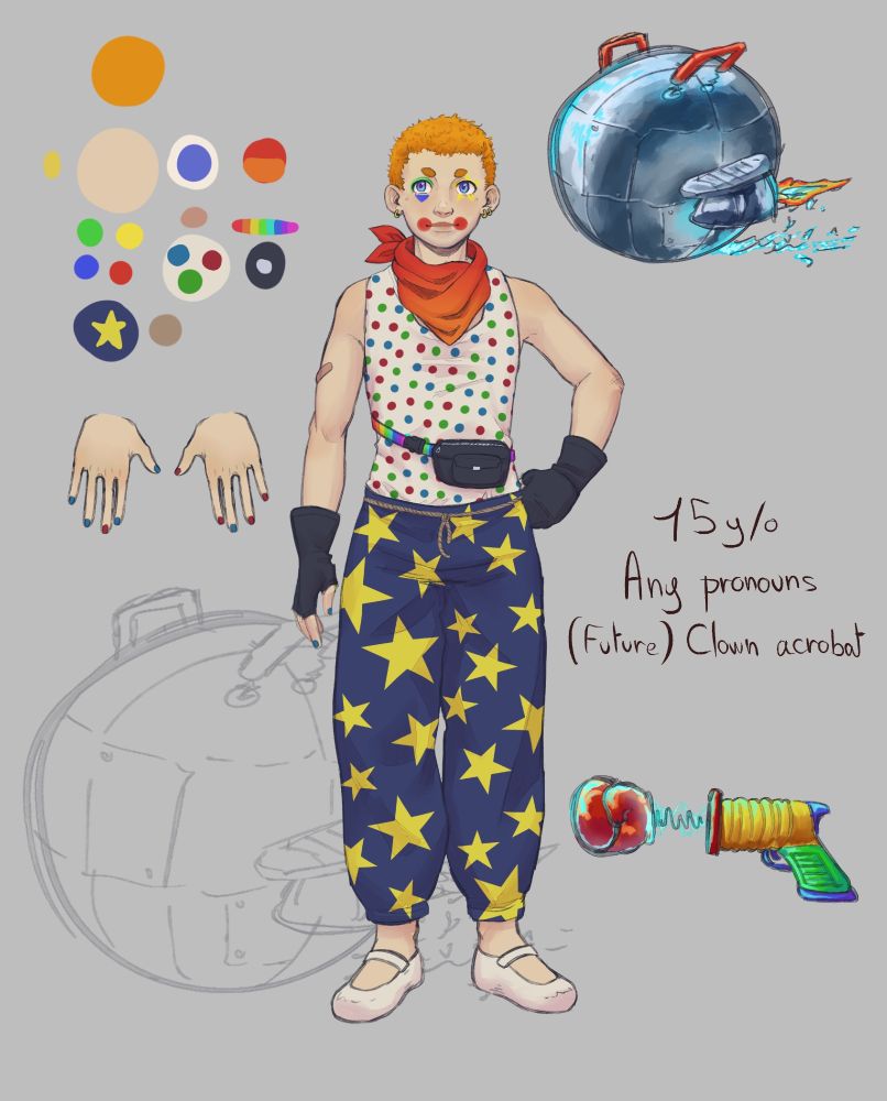 Character sheet of Jamie, a 15 years old teenagers using any pronouns and dreaming of becoming a clown acrobat. They have bright orange hair and colorful clown-like makeup. Their clothes are also very colorful, there's a dot pattern on the tank top and stars on the pants. They have a "vehicle" which is a circus ball but made of metal with reactors. Their "gun" is a punching boxing glove gun...