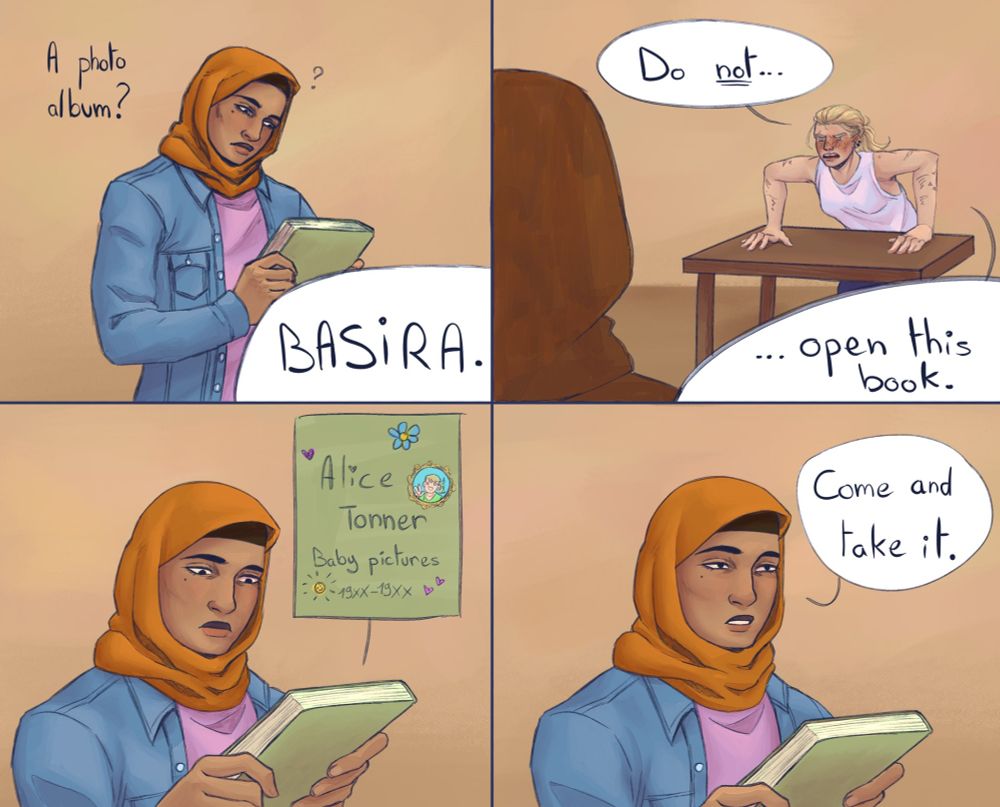 4 panel comic. Basira from The Magnus Archives is holding a photo album. She's called by Daisy who tells her not to open the book. When looking closer, Basira sees that it's an album full of baby pictures of Daisy. She replies "come and take it".
