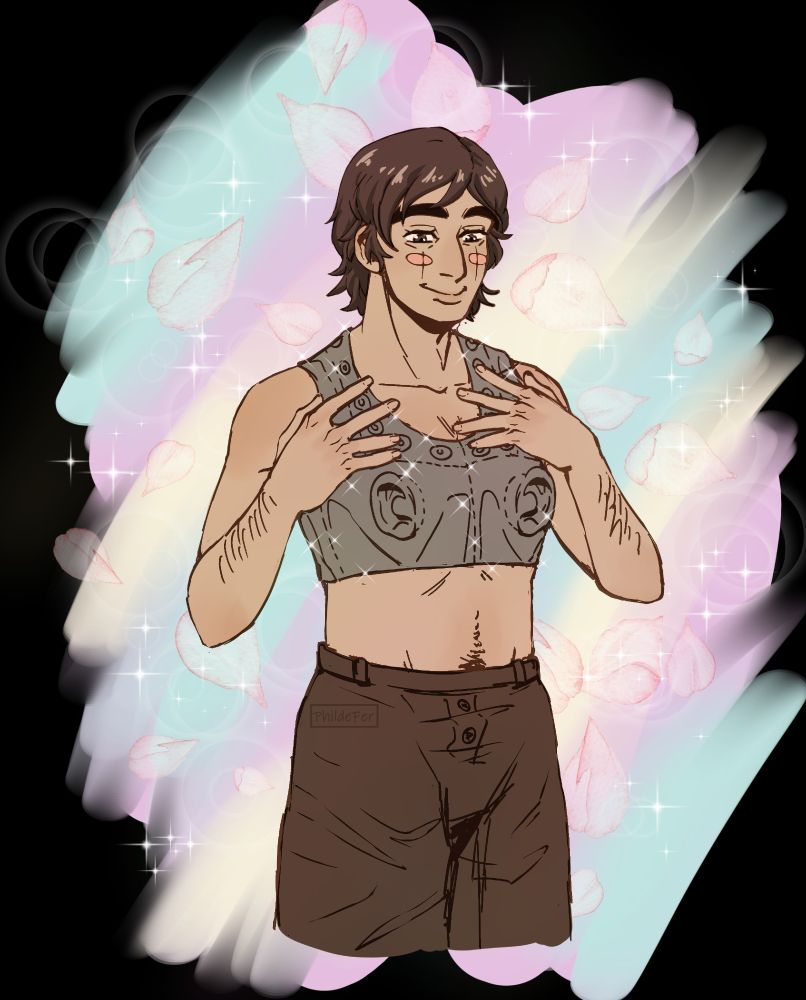 Drawing of Edogai from Golden Kamuy wearing a grey-ish chest binder made with human skin.