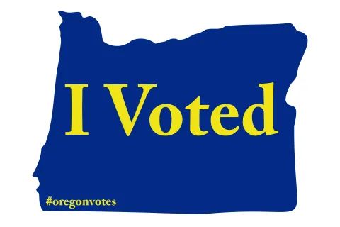 The state of Oregon in blue with yellow words I Voted and #oregonvotes