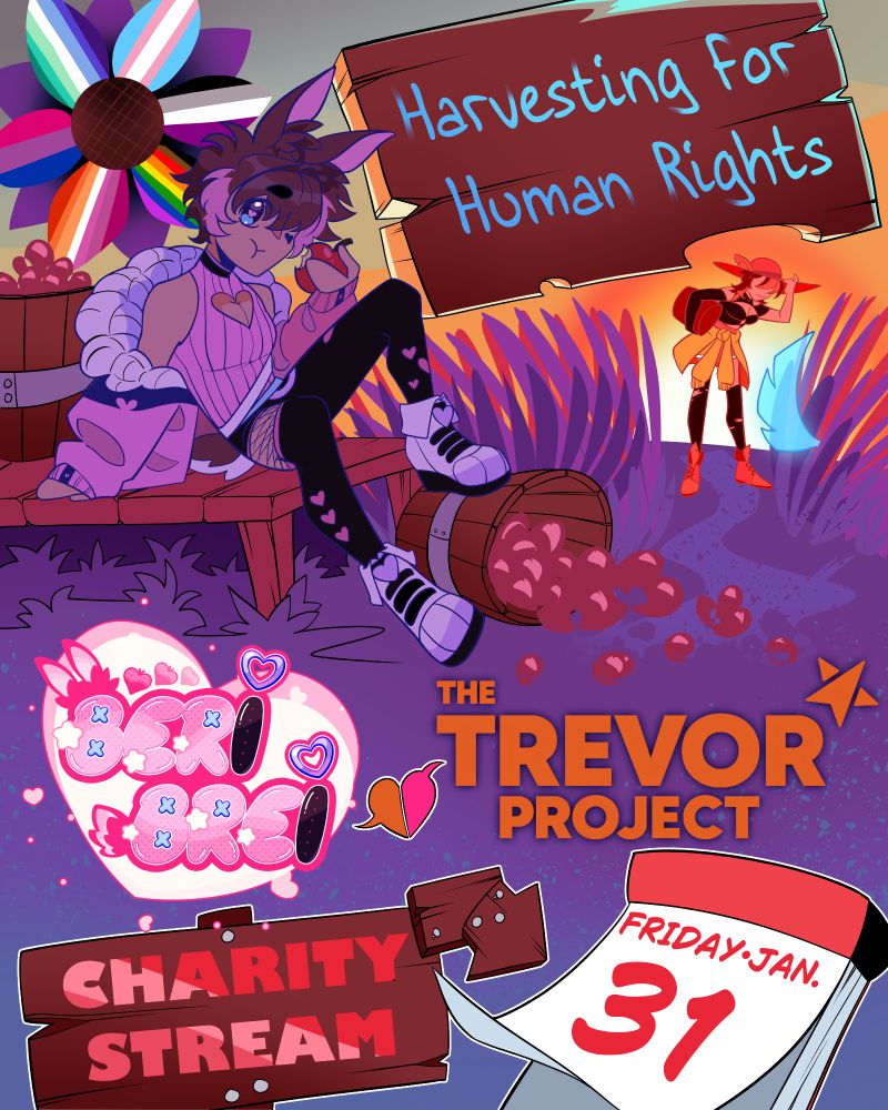 a charity stream announcement poster. charity is the Trevor project. streamer is beribrei. date of charity stream is friday, January 31st. 