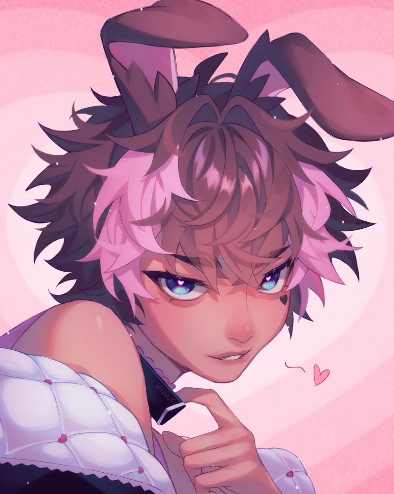 Commission art by Vinnuf of bunny Vtuber beri in their masculine form looking seductively at the viewer as they tug on their collar and let their fluffy quilted jacket slip off their shoulder. 