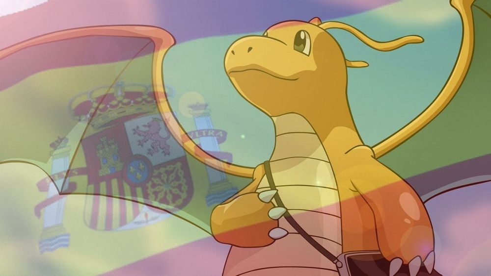 Meme del pokémon Dragonite con la mano en el pecho y la bandera de España de fondo.