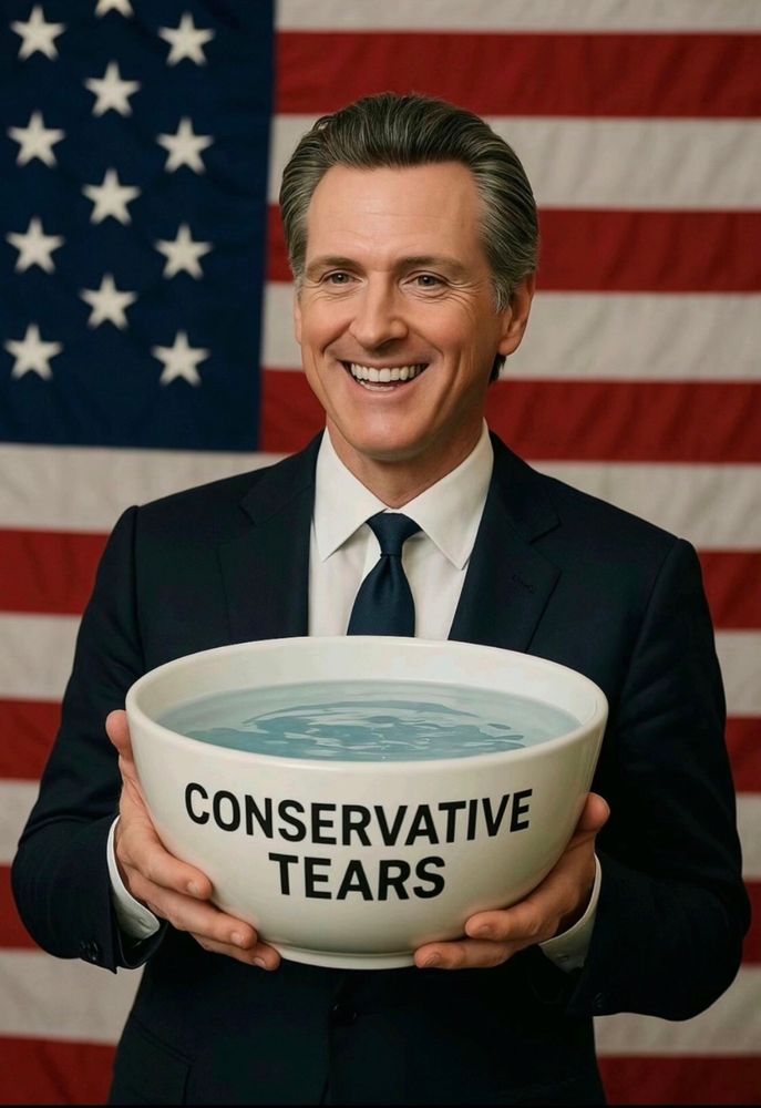 Gov Newsom holding a huge bowl of “conservative tears” standing in front of the American flag