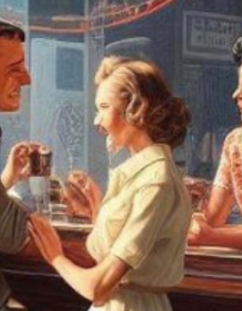 A horrific AI generated image of a white blonde woman with a giant gaping mouth and long tentacle fingers talking to a man