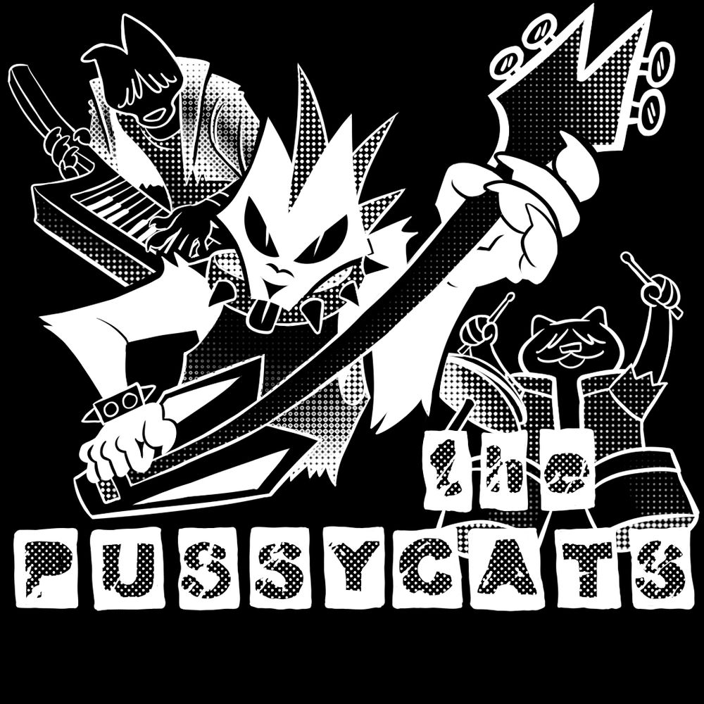 Fake album art of a band called 'The Pussycats' All band members, a guitarist, a drummer, and a keytarist, are werecats/cat people wearing punk fashion.