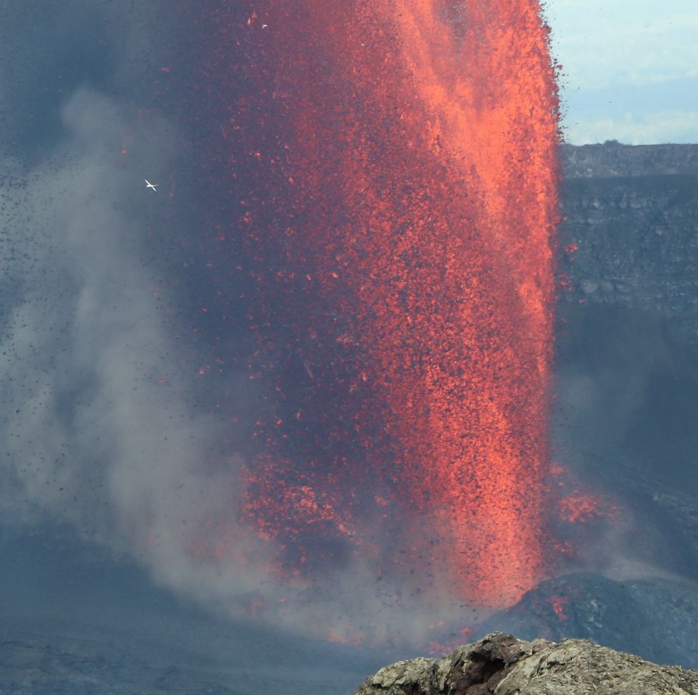 USGS-HVO photo by K. Mulliken of A koaʻe kea (white-tailed tropicbird) flies near the lava fountain during episode 27 of the ongoing Kīlauea summit eruption in Halemaʻumaʻu. These birds are often visible in the vicinity of Kaluapele (Kīlauea summit caldera), as they nest in the walls of the caldera. IMAGE SOURDE: Cropped, sharpened and contrast balanced from the original at https://www.usgs.gov/media/images/june-29-2025-kilauea-lava-fountain-and-koae-kea