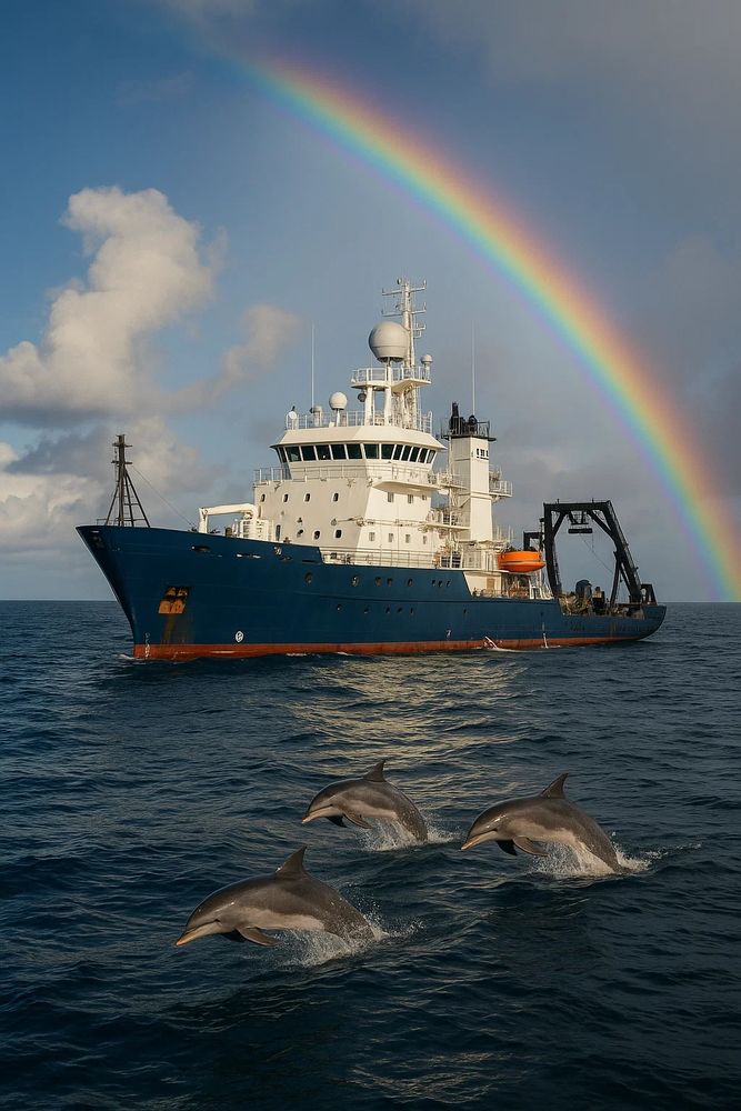 "Dolphins and Rainbows" - Sora Generative AI image prompted by ‪@kennarubin.bsky.social‬ with "scientific research ship working at sea with dolphins and rainbows", May 2025