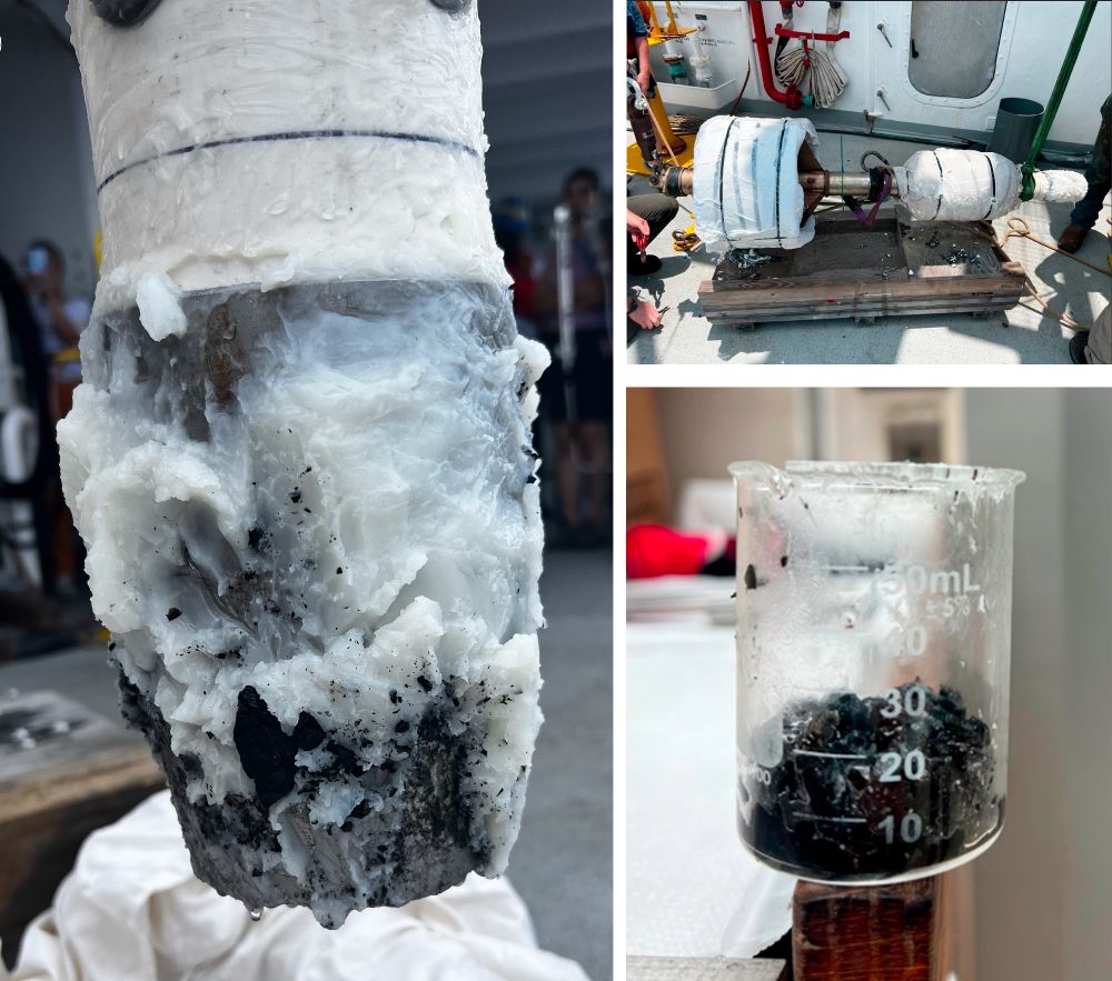Collage of shipboard images from R/V Atlantis of lava samples of the 29 April 2025 East Pacific Rise eruption that were acquired by the ingenuity and quick thinking of ship and shore based scientists! SOURCE: Collage itself by @kennarubin.bsky.social. Cropped Base images courtesy of Woods Hole Oceanographic scientist Dan Fornari, who orchestrated the sampling from shore, and courtesy of the at sea expedition Chief Scientists