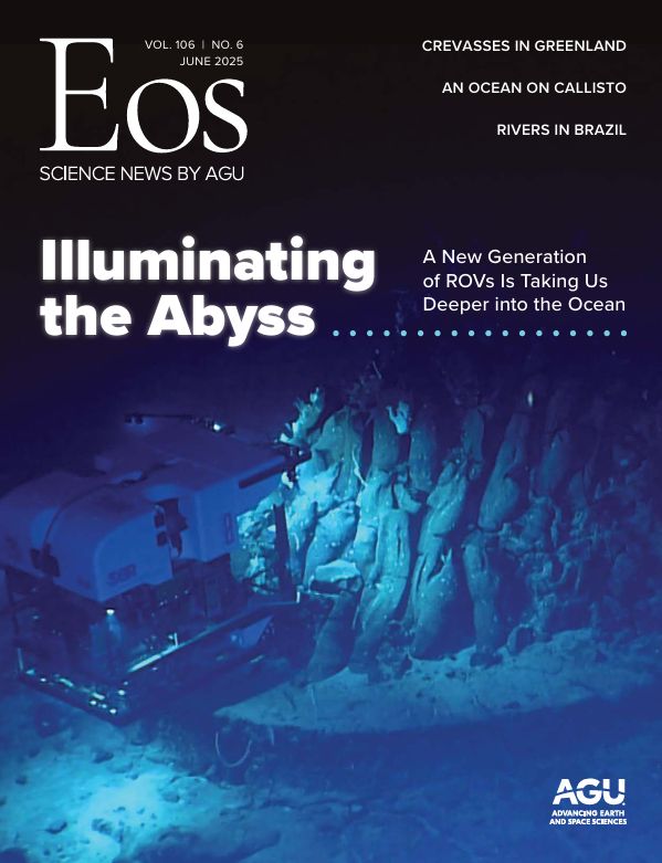 The cover of the June issue of AGU's EOS science news magazine shows ROV Deep Discoverer imaging an outcrop during the second of three expeditions to the mid-Atlantic Ridge in 2022. Source: https://eos.org/agu-news/submerged-in-science Credit: NOAA Ocean Exploration, Voyage to the Ridge 2022