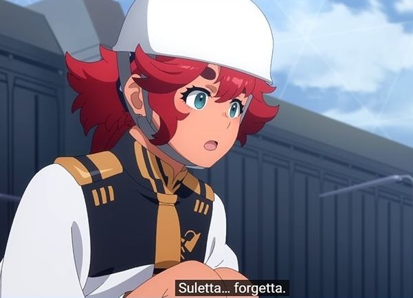 Frame from Gundam Witch From Mercury showing Suletta Mercury  saying "Suletta... Forgetta."