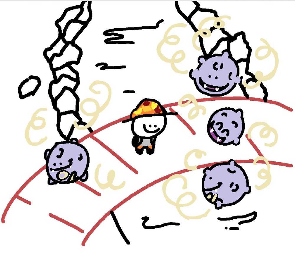 an mspaint doodle of a cartoon standing on a red bridge with 4 Koffing's surrounding them, spewing gas and being friendly. The Koffing have goofy expressions.