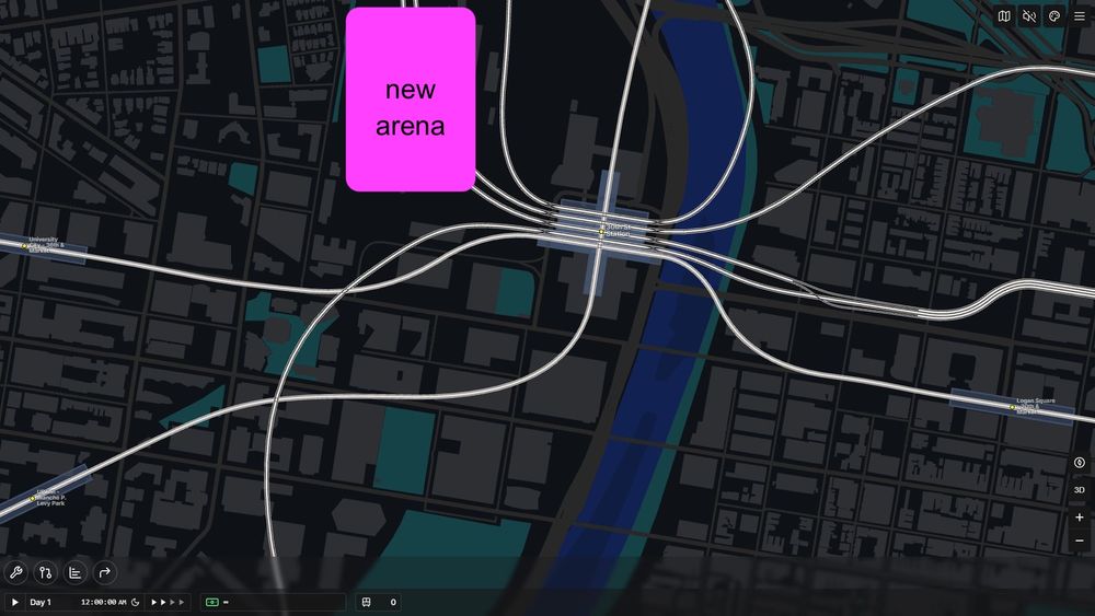 a philly transit map with a new arena built over the trainyards by 30th st station
