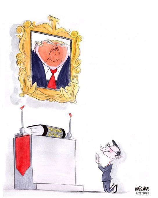 Ann Telnaes cartoon depicting Mike Johnson on both knees, praying before a Trump Bible while looking up at a picture of an orange-faced Trump.