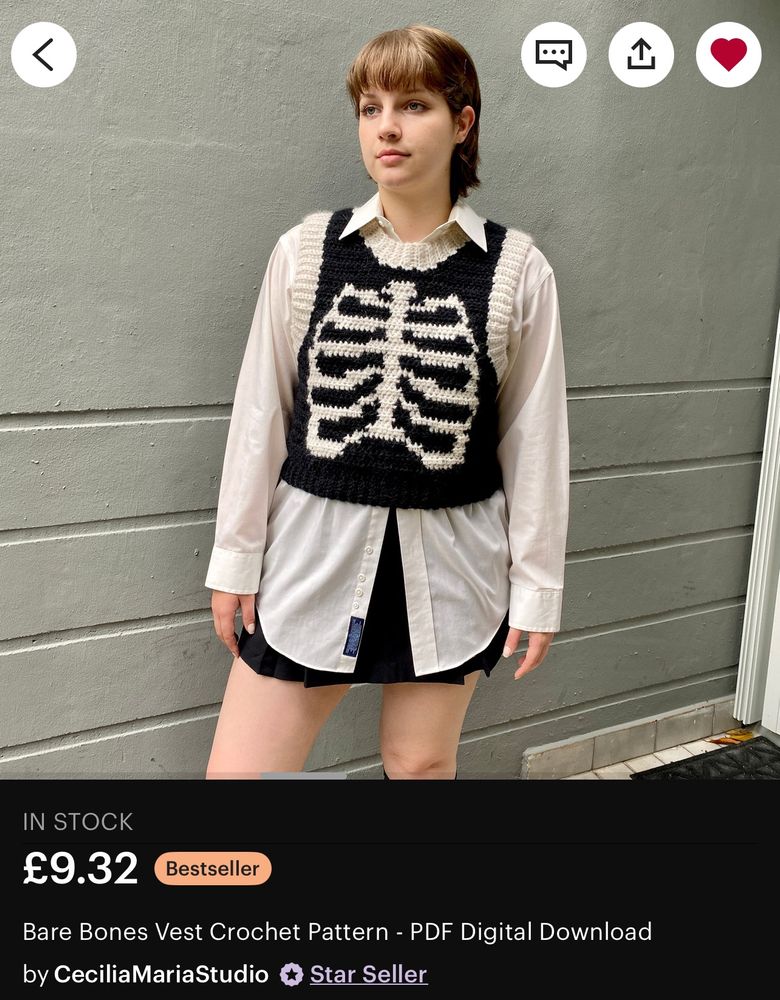 An etsy listing for a crochet pattern. It is a black vest with a white skeleton pattern on the front.