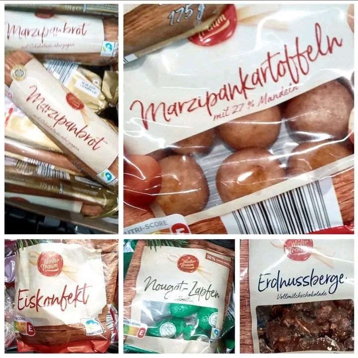Collage Fotos von marzipanbrot marzipankartoffeln eiskonfekt Nougat Zapfen Erdnussberge