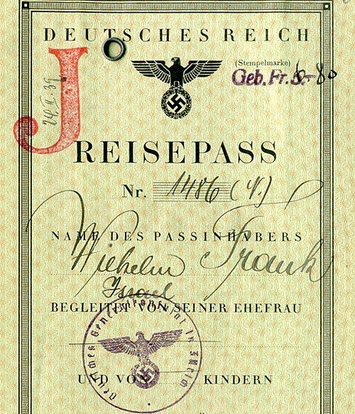German Passport with "J" stamp 
source: wikipedia / WikiCommons
license: amtliches dokument
https://de.wikipedia.org/wiki/Datei:Reisepass_Wilhelm_Frank_mit_J-Stempel.jpg