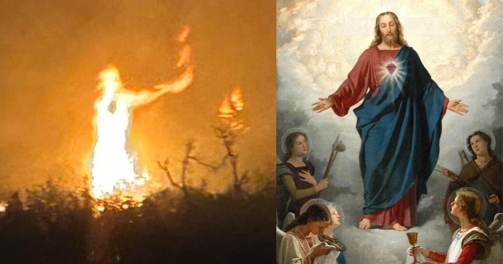 Miraculous Jesus Figure in Forest Fire: Sacred Heart Revealed? AI Enhanced Image, UFO Sighting News.