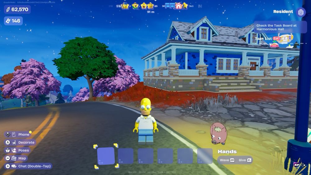 A picture of Homer Simpson in Lego Fortnite in front of a house with his pet pig, Plopper who is still cell shaded. 