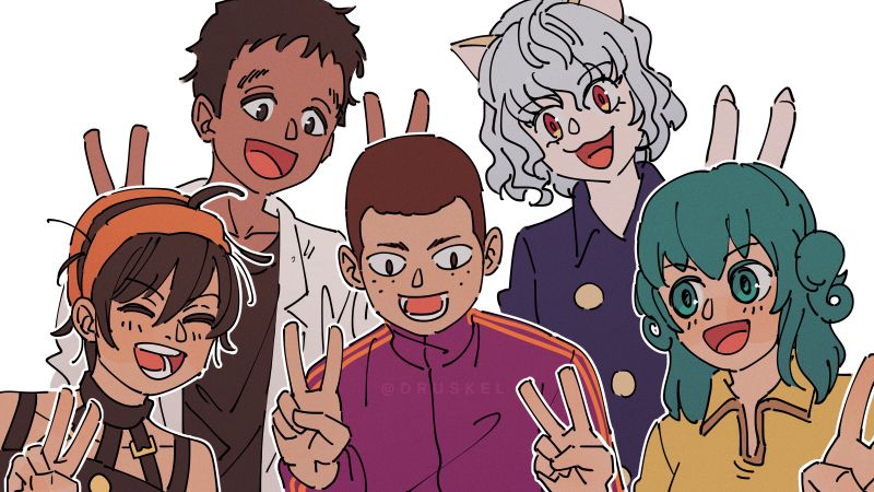 Fan art of 5 characters holding peace signs together. From left to right: Narancia (JJBA), Kasukabe (Dorohedoro), Shibisu (Tower of God), Neferpitou (Hunter x Hunter), and Kubera Leez (Kubera).