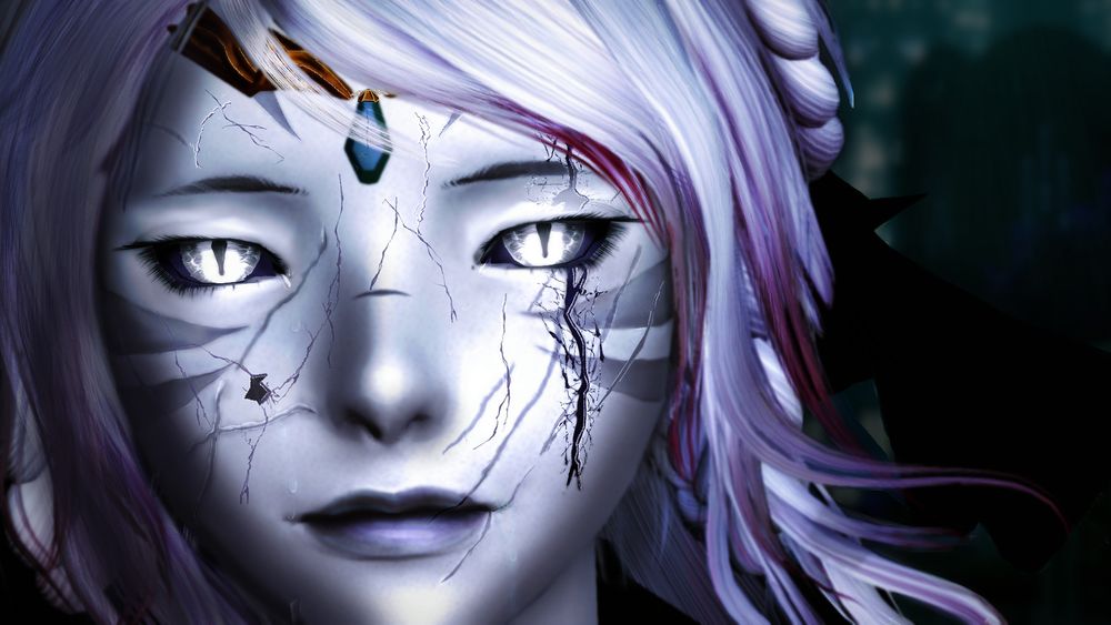 X'eskat (my WoL), looks at the camera with a blank, neutral expression. Her normally purple hair is nearly sheer white, tipped with just hints of its former color. Her skin and eyes too are bereft of nearly all color. Despite her lack of expression, faint tears roll down her cheeks, as her face shows cracks and chips as though it were not a human face, but a cracked and crumbling vase. This is my interpretation of what is left of her when the light breaks free from her and unleashes the last Lightwarden, a hollow shell of the Warrior of Light defeated, now abandoned as a broken cocoon.