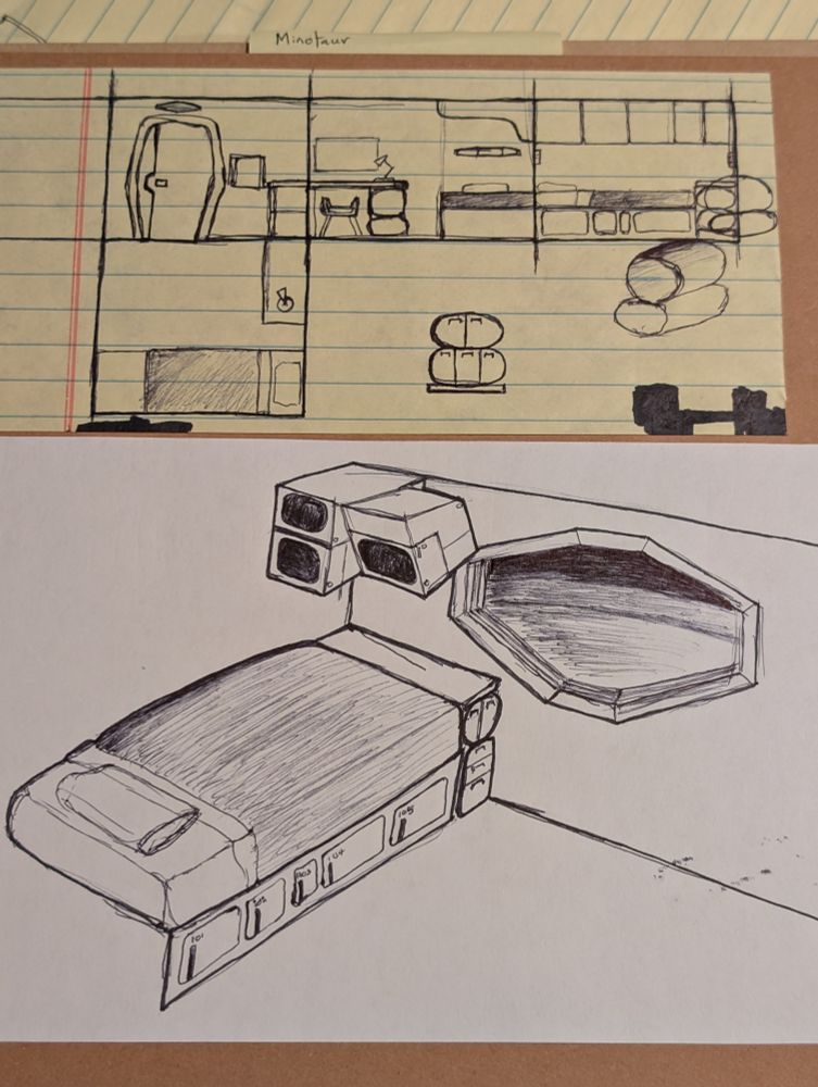 Sketches of a bedroom on a space ship. 
