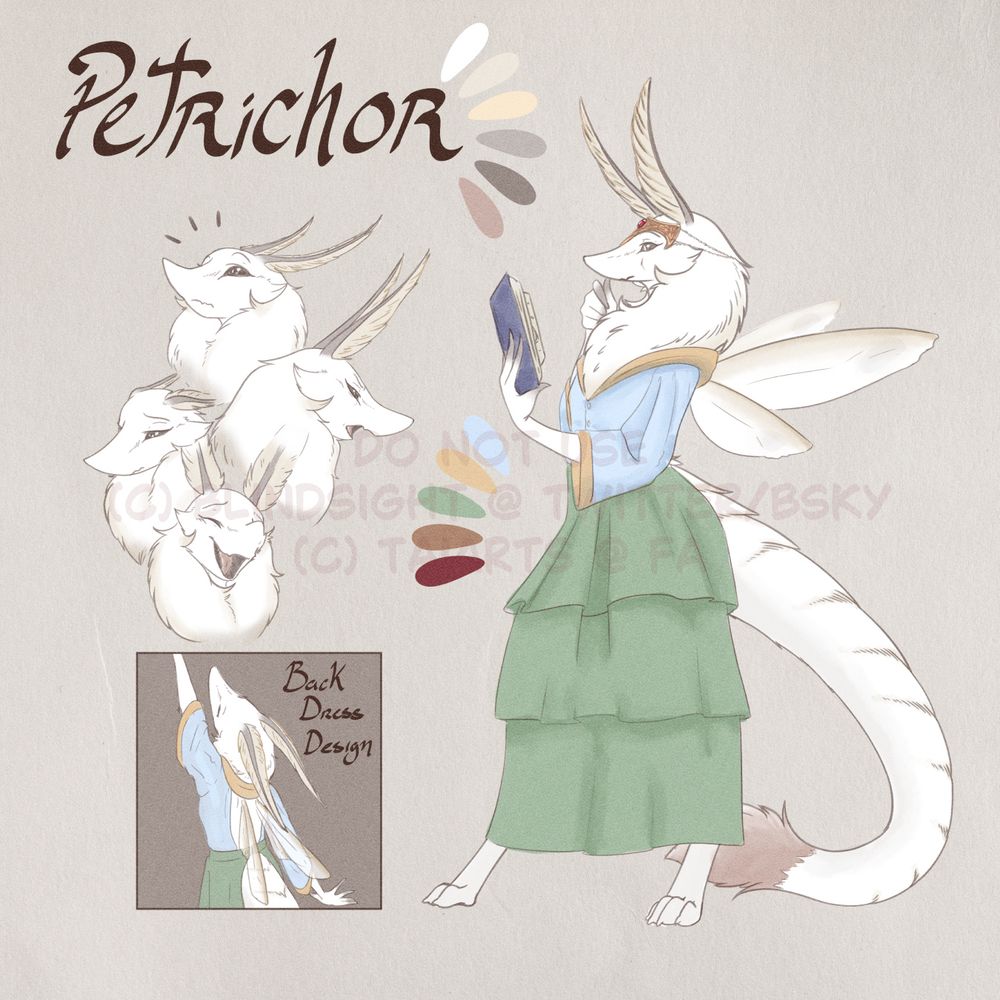 A reference sheet portraying an anthro female-looking moth. It has a white body, with slight golden hues on the antennae, wings and part of its fluff. The left side portrays the character in various expressions as well as the back design of the outfit she wears. While on the right, the character stands reading a book, a hand near its chin.