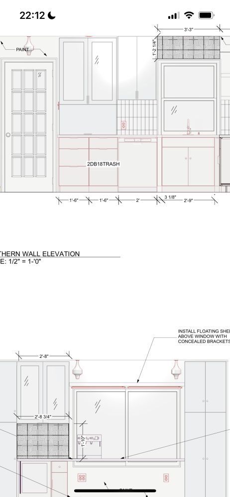 Architectural drawings of elevation of two walls of a kitchen showing the use of ANF Ziggurat tile among other features. 