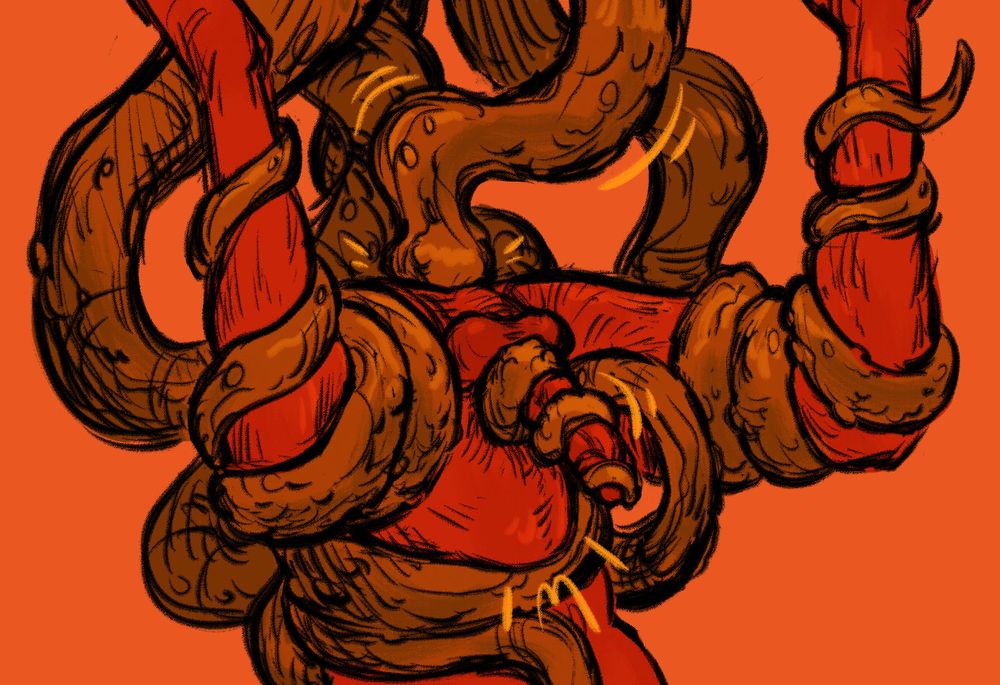 colored sketch of figure suspended upside-down by tentacles, being penetrated deeply while their cock is stroked