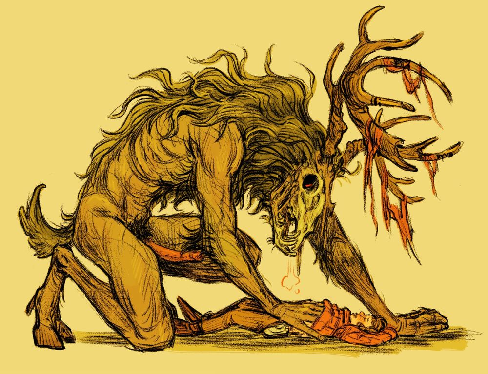 rough colored sketch of a humanoid beast with a rotting deer head and an erect cock crouching low over a figure they are pinning to the ground 