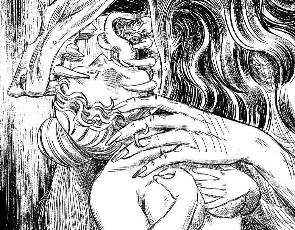 crop of a black and white digital illustration of a wolf beast holding a woman's face in his jaws as he shoves his tongue into her mouth. She reels, eyes open with surprise, as she clutches her bare breasts.