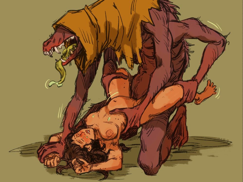 digital colored sketch of a lanky, hooded beat holds a woman with its four arms, lifting her hips off the ground at thrusts into her with a wide, toothy smile, causing her stomach to bulge.