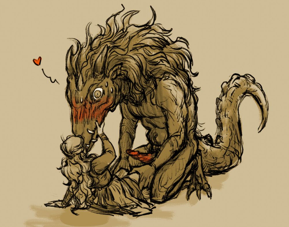 rough sketch of a reptilian beast with small horns, a wild mane, and a gator tail kneels while holding the legs of a reclining woman, ready to spread for their cock when she surprises them with a kiss
