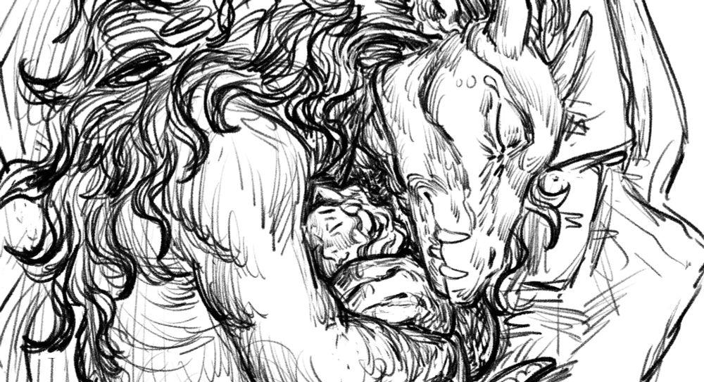 rough sketch of a draconic beast curled up and intimately clutching a woman with a soft smile on her face to their chest as they shed a single tear