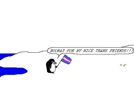 IT IS I, POKEY!!!!  I AM HOLDING A LOVELY TRANS FLAG AND DECLARING THUS:  HOORAY FOR MY NICE TRANS FRIENDS!!