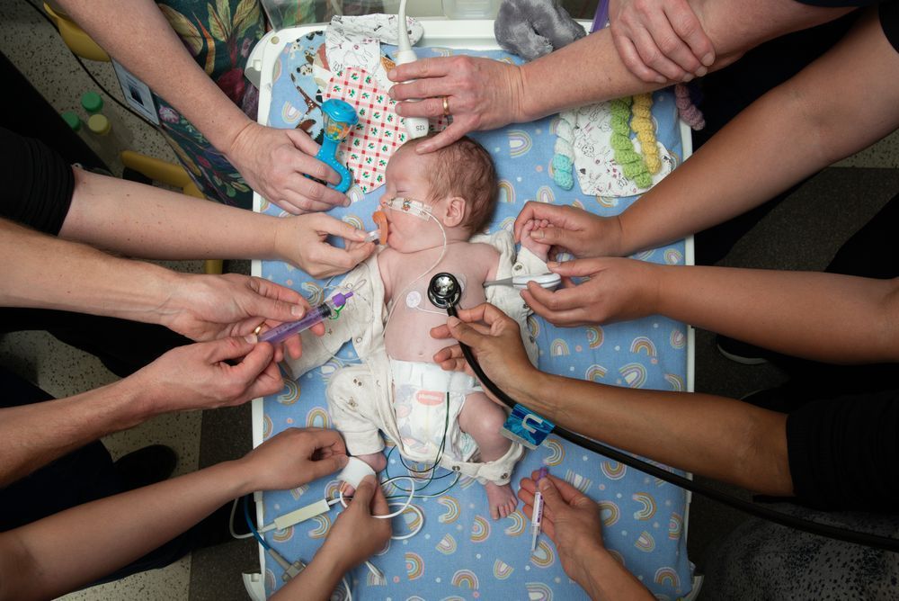  a newborn baby in the neonatal intensive care unit surrounded by 12 hands of caretakers including mum, neonatologists, a scientist, neonatal nurses, a clinical technologist, and a music therapist. Credit: Alvin Aquino/The Royal Children’s Hospital; Caption: Many hands build a bright future