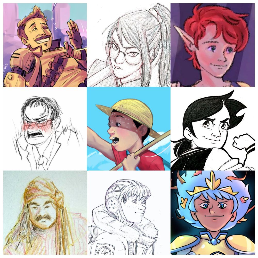 Grid with 9 portraits of different characters, from left to right and top to bottom: fuse from apex legends, maki from jujutsu kaisen, an original character, Dwight (I think) from the office, shin-chan, luz from the owl house, a pirate, Watson from apex legends, and Anne from amphibia. Each drawing is made in a different style
