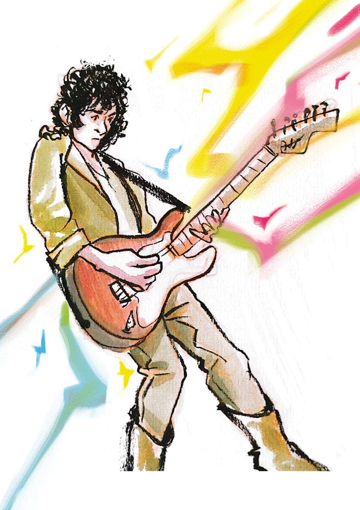 Watercolor doodle of a long curly haired guy playing the electric guitar, looking focused and paying attention to the position of his hands. The drawing has been added some color electric beams in different hues like yellow blue or pink as if they were electric bolts coming out of the guitar and the rocker. 