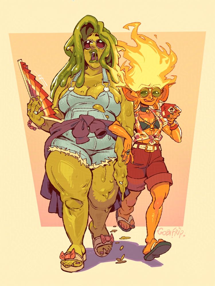 Illustration of my ocs, Melläd (slime elemental ) and Rotie (fire elemental) dressed with modern clothes for the pride march. The weaver and Rotie's heat are so hot, it makes her girlfriend melting.