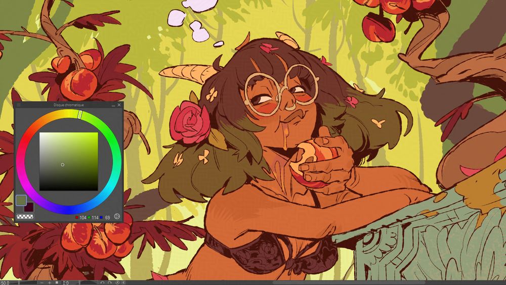 Cropped screecap of a illustation in progress. It picture Agathe (OC), a horned woman wearing glasses and a rose in her hair . She's eating a nectarine in a forest landscape. She seems lost in her thoughts.