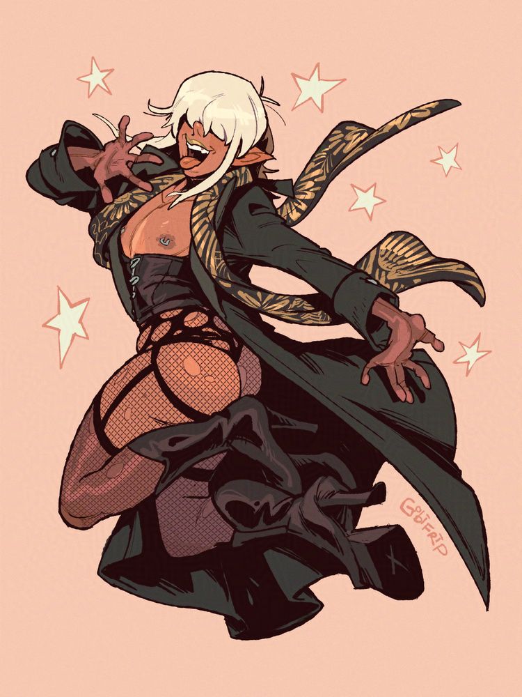 Illustration of the elf Cassiel (Oc) striking a cute pose toward the viewer while leaping vigorously. They wear a full black ouftit with a coat, platform boot, fishnet and a scarf with gold patterns.