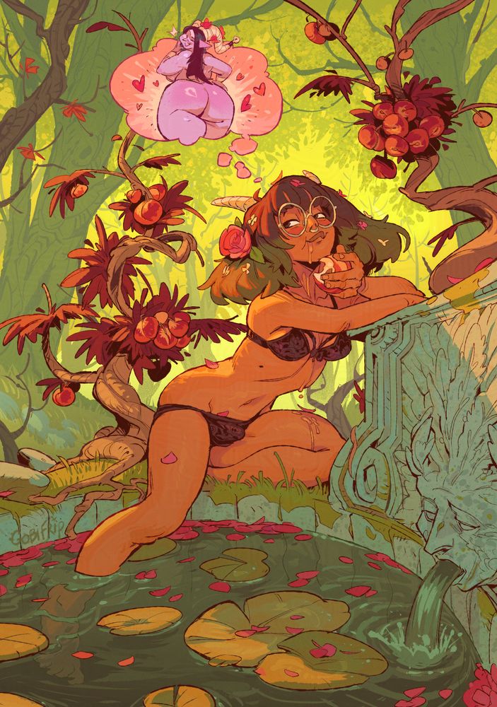 Pinup illustration of Agathe (OC) wearing underwear in a forest landscape. She's eating a nectarine  slumped over an old stone fountain, with one of her feet dipping into the basin.
This sweet treat seems to remind her of her lover's butt, the Lady of the Grove.
Oh, and she has horns now ?