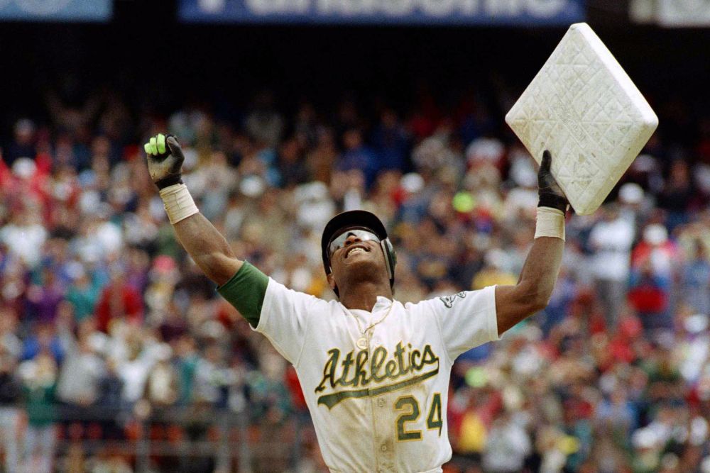 Rickey Henderson after breaking the all time stolen base record. 
