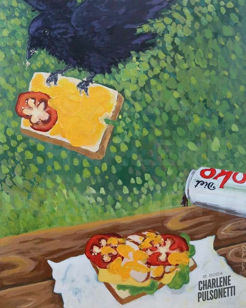 Painting of a picnic table with a sandwich and a diet coke. A crow has flown off with the top half of the bread.